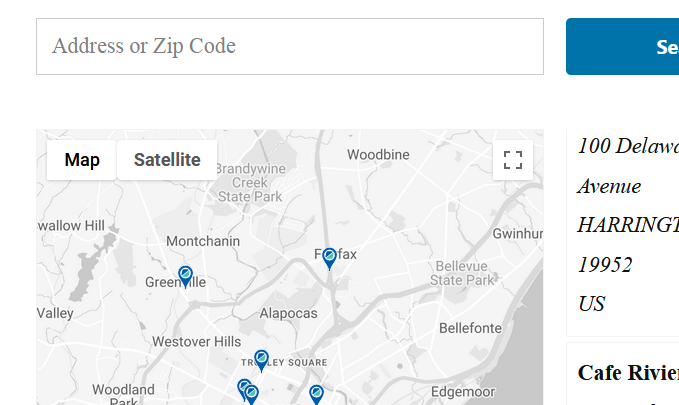 Locator front end view with the custom look of the map.