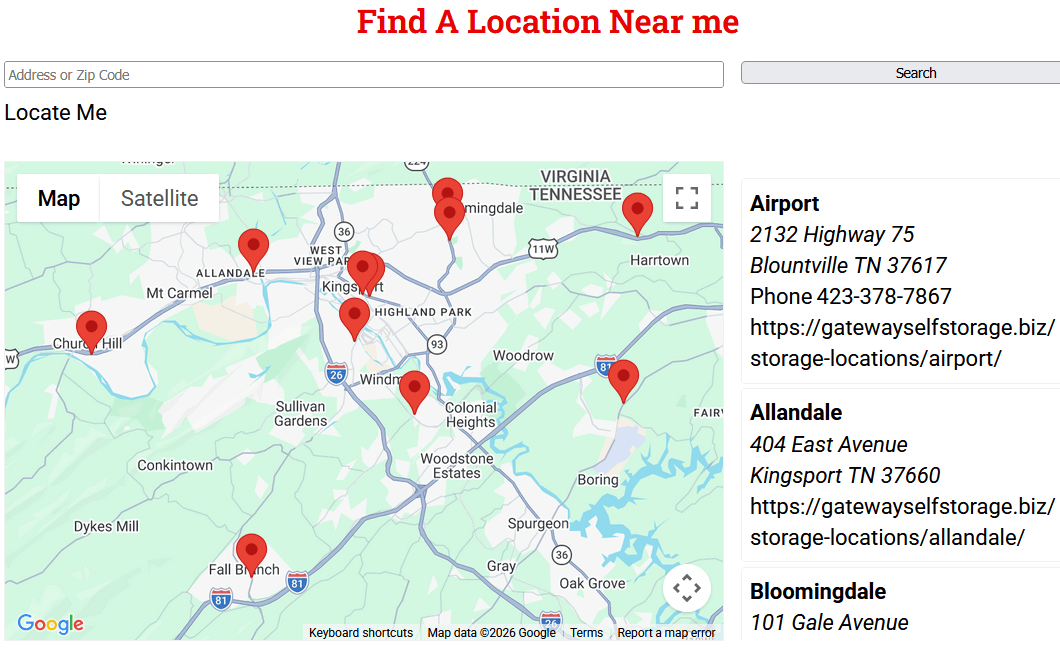 Tennessee self storage units map
